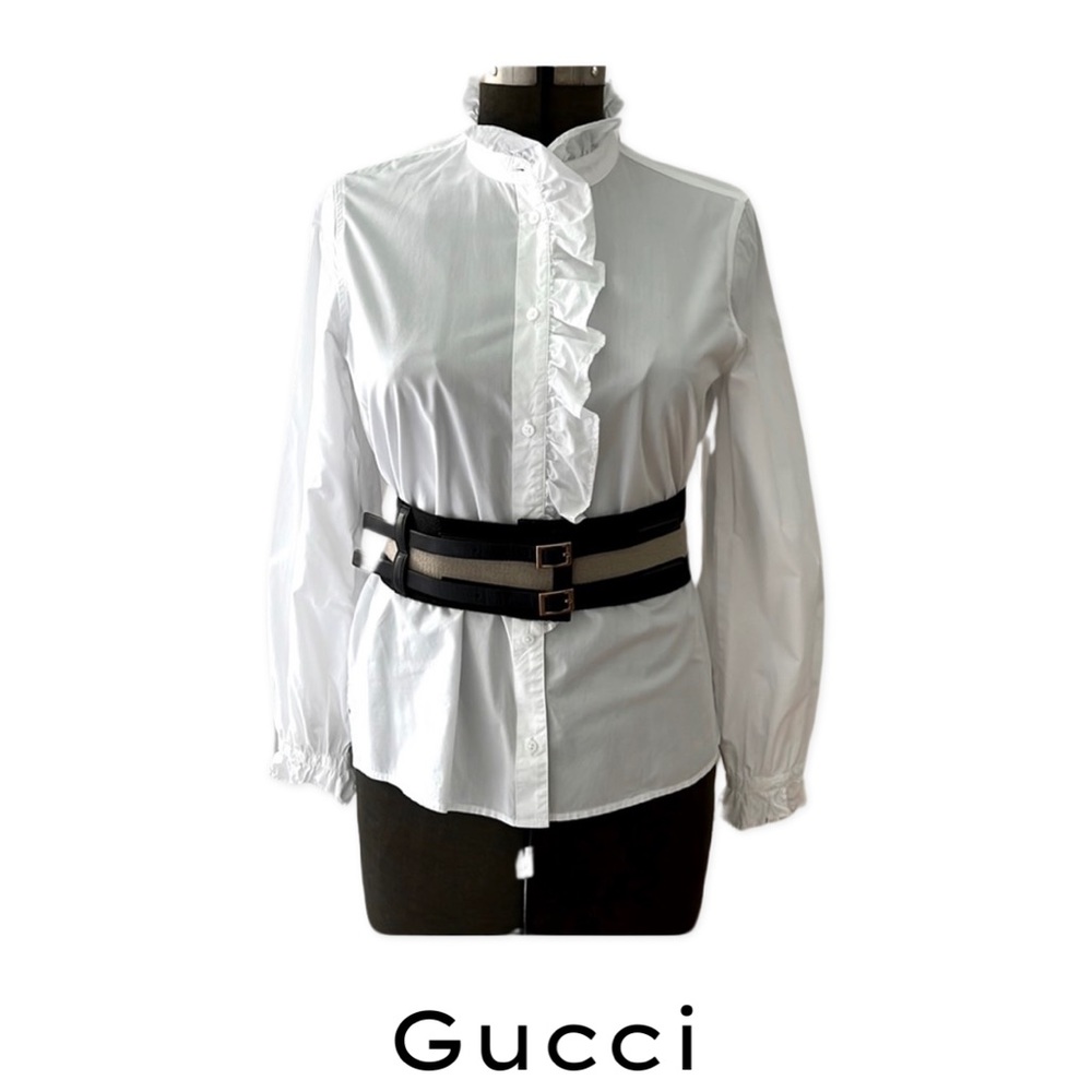 GUCCI CANVAS BLACK & TAN STRIPED BELT WITH TWO BUCKLES AND LEATHER TRIM - ITALY